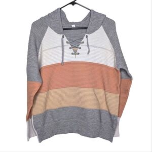 Women's Pastel Color Block Pullover Hoodie with Criss Cross V Neck Size Large